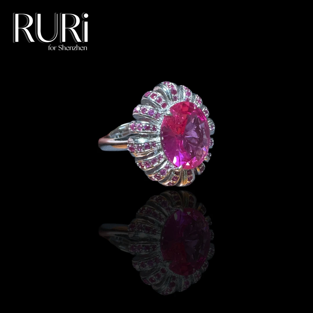 925银合成锆石戒指 简约时尚椭圆设计玫红镶嵌银戒指 A0746