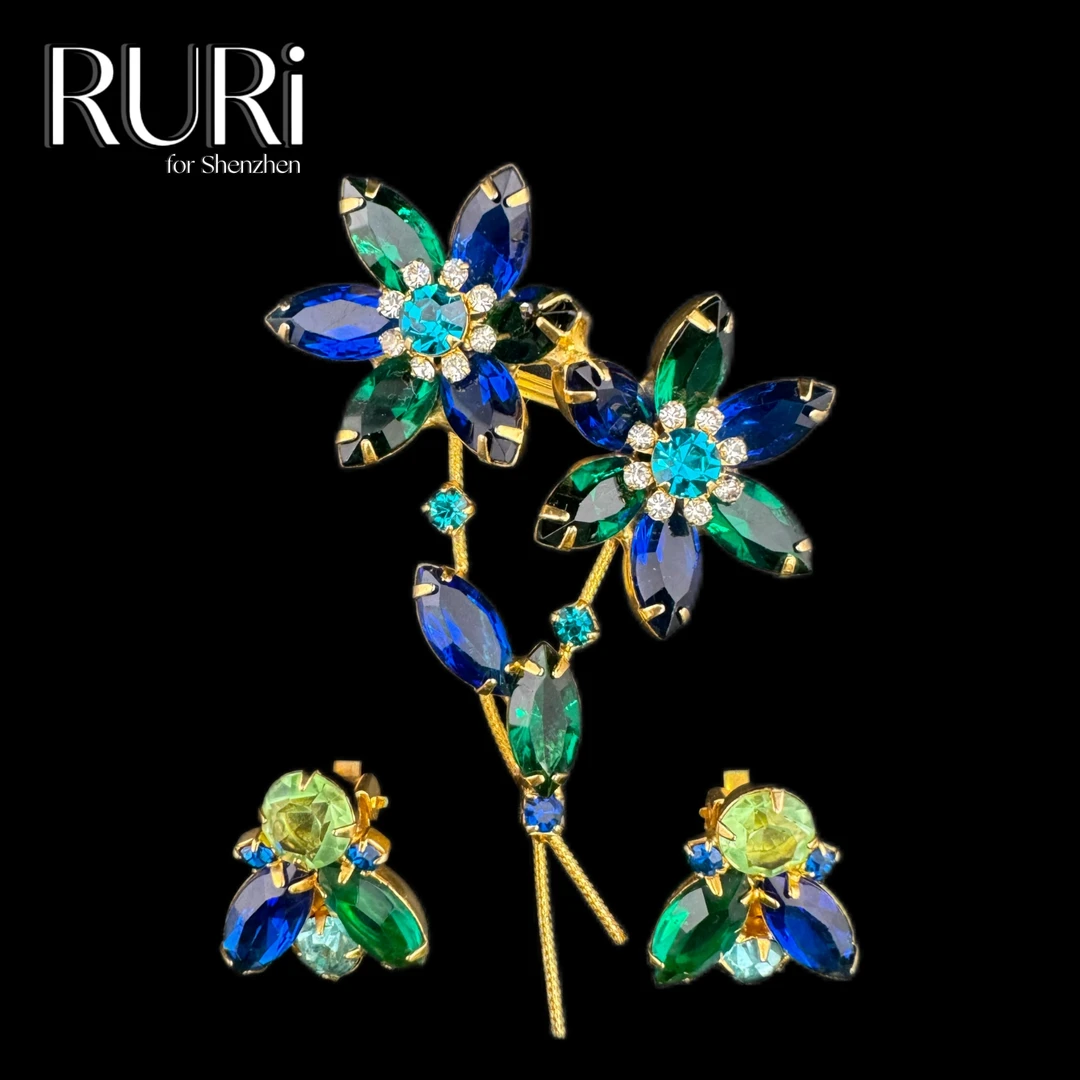 合金铅玻璃胸针 朱莉安娜蓝绿色花卉胸针套装GP