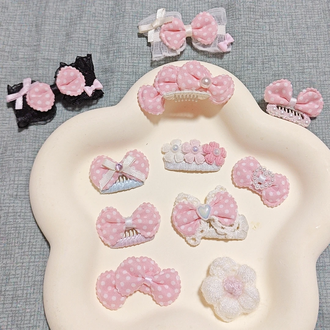 粉色波点蕾丝宠物头花进口不锈钢bb夹通用头饰头花马尔济斯约克夏