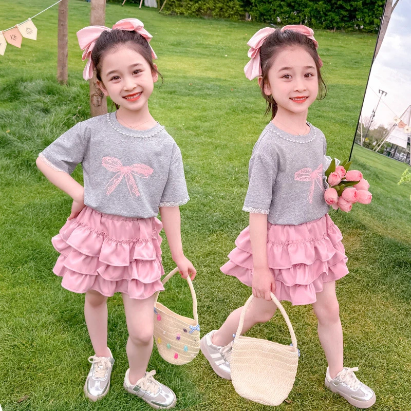 女童蝴蝶结洋气套裙2024夏季新女宝宝洋气时尚两件套中小儿童装
