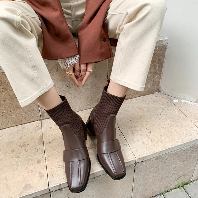 春秋时尚短筒2023秋冬新款粗跟真皮袜靴女中跟马丁靴子瘦瘦靴百搭