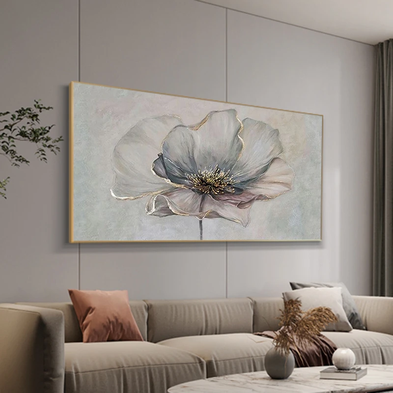 纯手绘油画【绽放】花卉画简约现代轻奢装饰画客厅横板手工肌理挂画