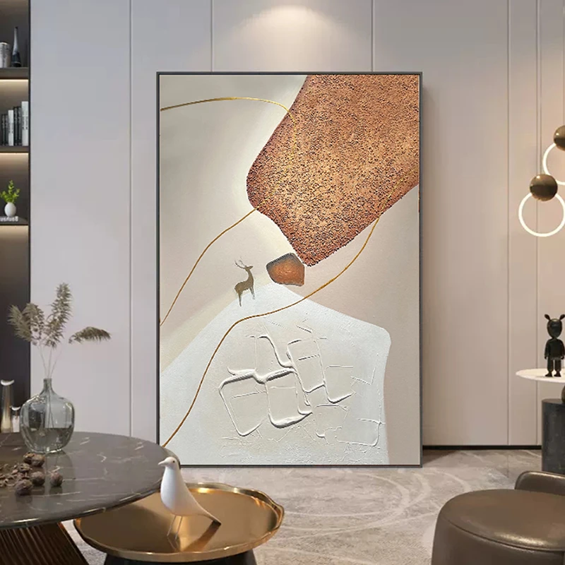 手绘油画【石来运转】橙色立体油画客厅挂画轻奢玄关短款餐厅抽象画