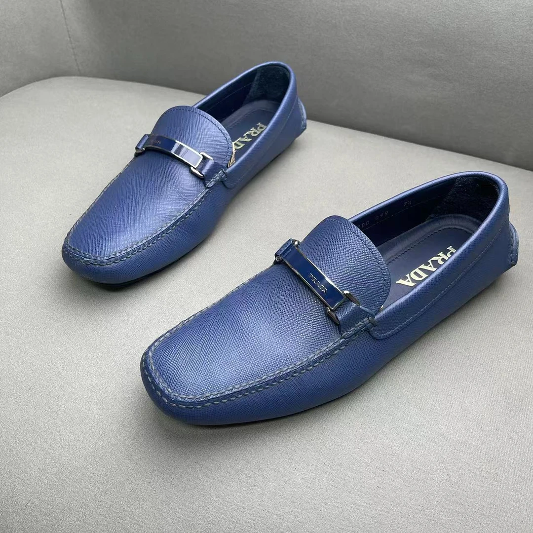 95新 Prada/普拉达 蓝色荔枝纹黑银标logo休闲百搭豆豆鞋 多尺码
