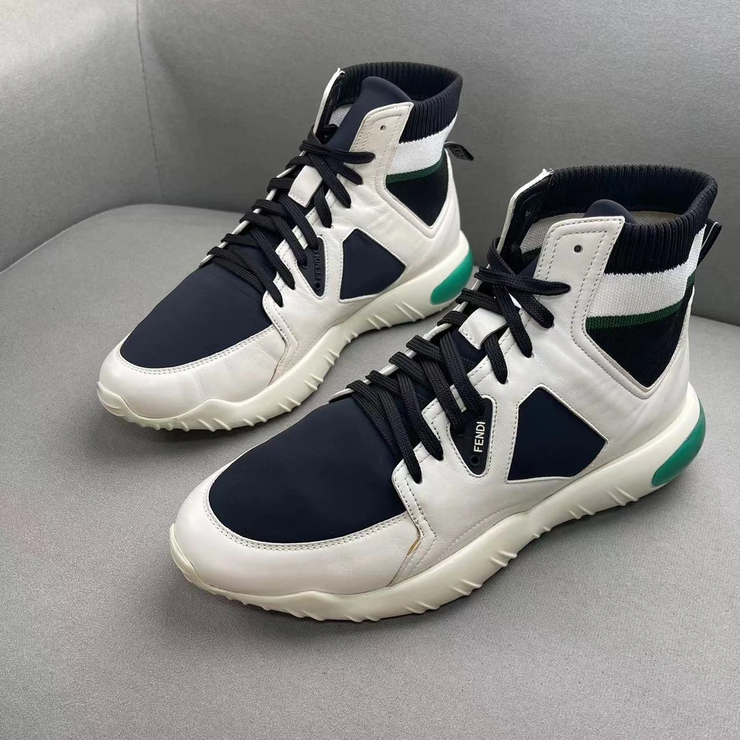 95新 FENDI/芬迪 黑白拼色高帮帆布休闲时尚舒适百搭板鞋/41码