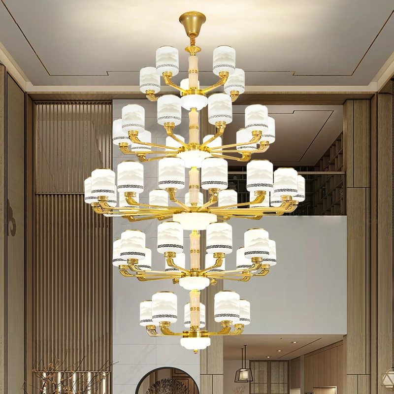 全铜复式楼大吊灯新中式客厅酒店大堂三层别墅大厅灯楼梯灯长吊灯