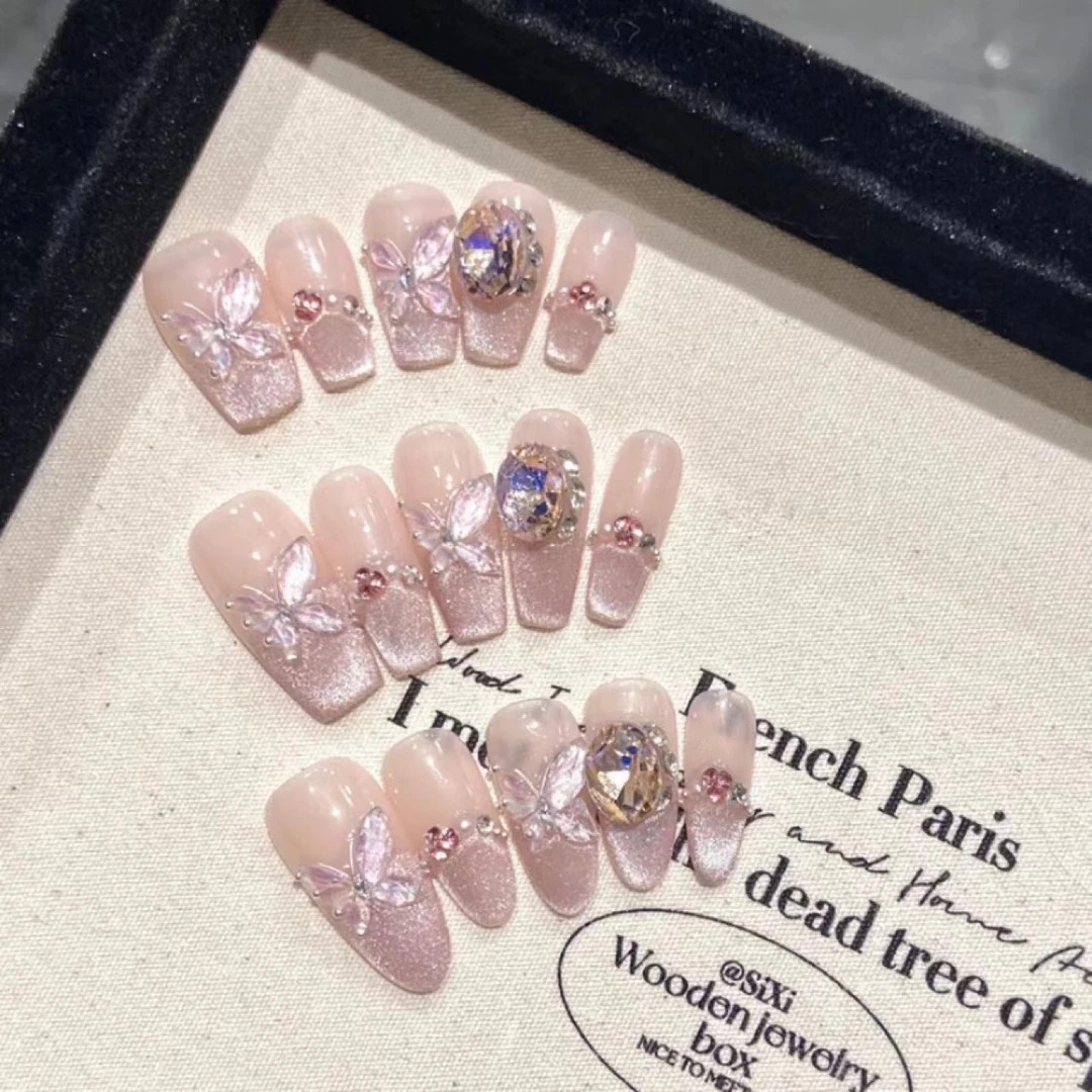 【夏夜长梦】纯手工光疗穿戴甲腮红猫眼手绘冰晶立体蝴蝶可拆卸款