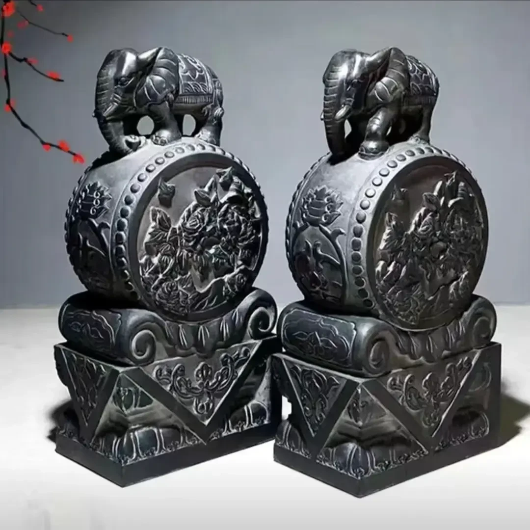 仿古石雕刻天然青石门墩一对小象抱鼓石大门口酒店别墅庭院装饰