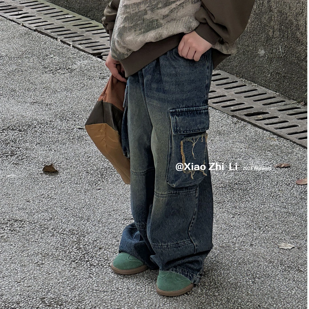 【2024秋款】潮流休闲宽松男童弯刀走秀款牛仔工装裤KAA008