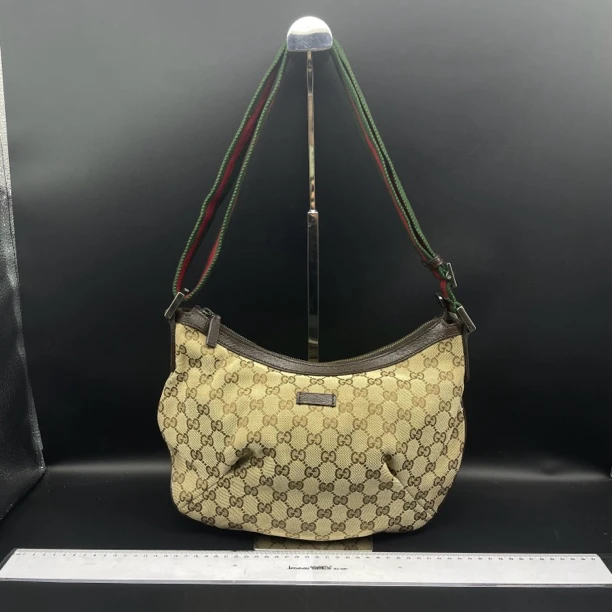 95新 GUCCI/古驰 古驰红绿织带月亮斜挎腋下包 底角收口/12346
