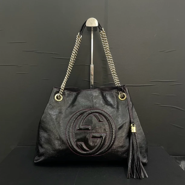95新 GUCCI/古驰 漆皮双G流苏单肩斜挎包/货号11970改色