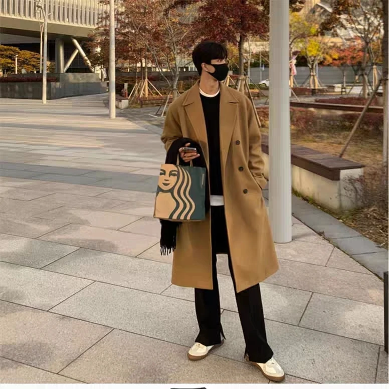 秋冬季毛呢大衣男中长款加厚大码过膝宽松英伦呢子外套风衣男0243