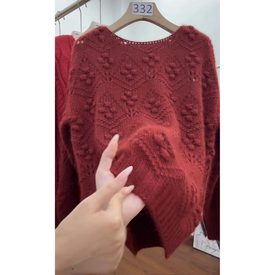 春秋新款慵懒风上衣百搭洋气一字领针织衫气质宽松休闲套头毛衣女