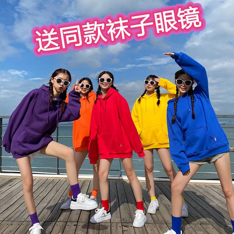 秋冬糖果色卫衣女连帽闺蜜装多色团队服姐妹班服团建彩色加绒宽松