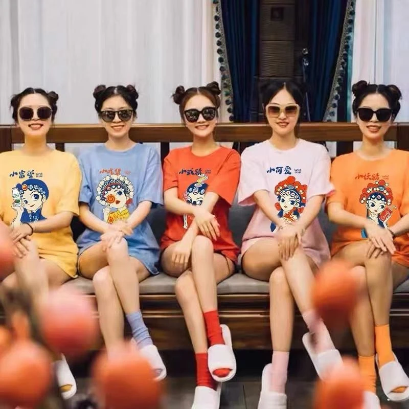 夏季ins炸街大码糖果色纯棉短袖T恤女三四五六人姐妹服团体定制