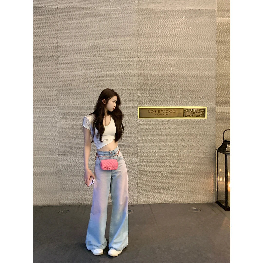 【腮红裤】chan*l私服1:1 设计感粉色辣妹显瘦渐变高腰牛仔直筒裤