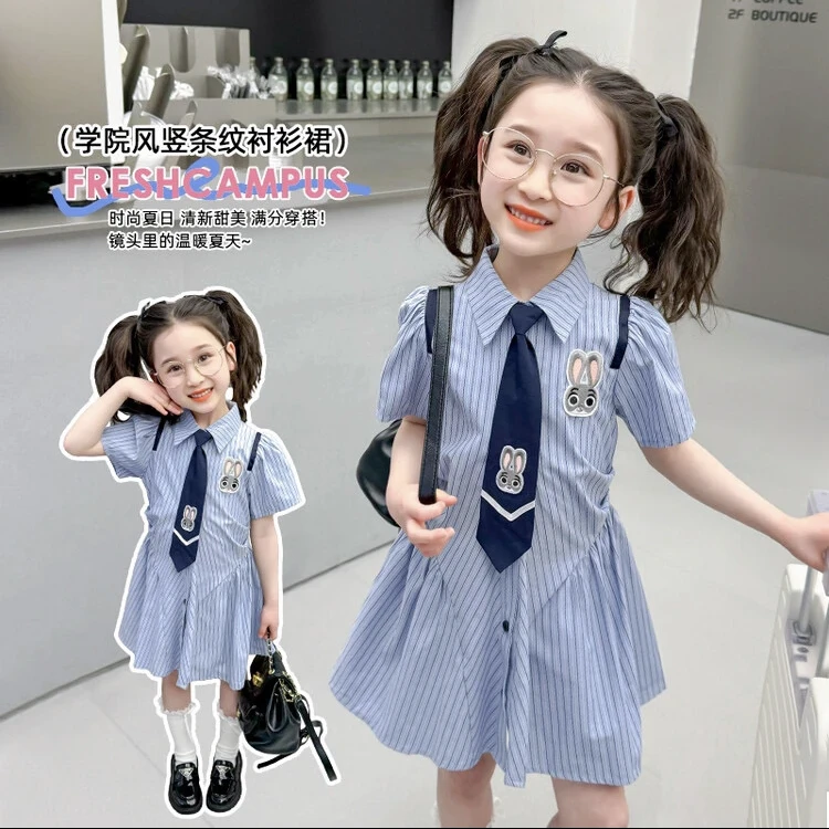 77299夏季新款韩版学院风洋气POLO时髦竖条纹连衣裙条纹