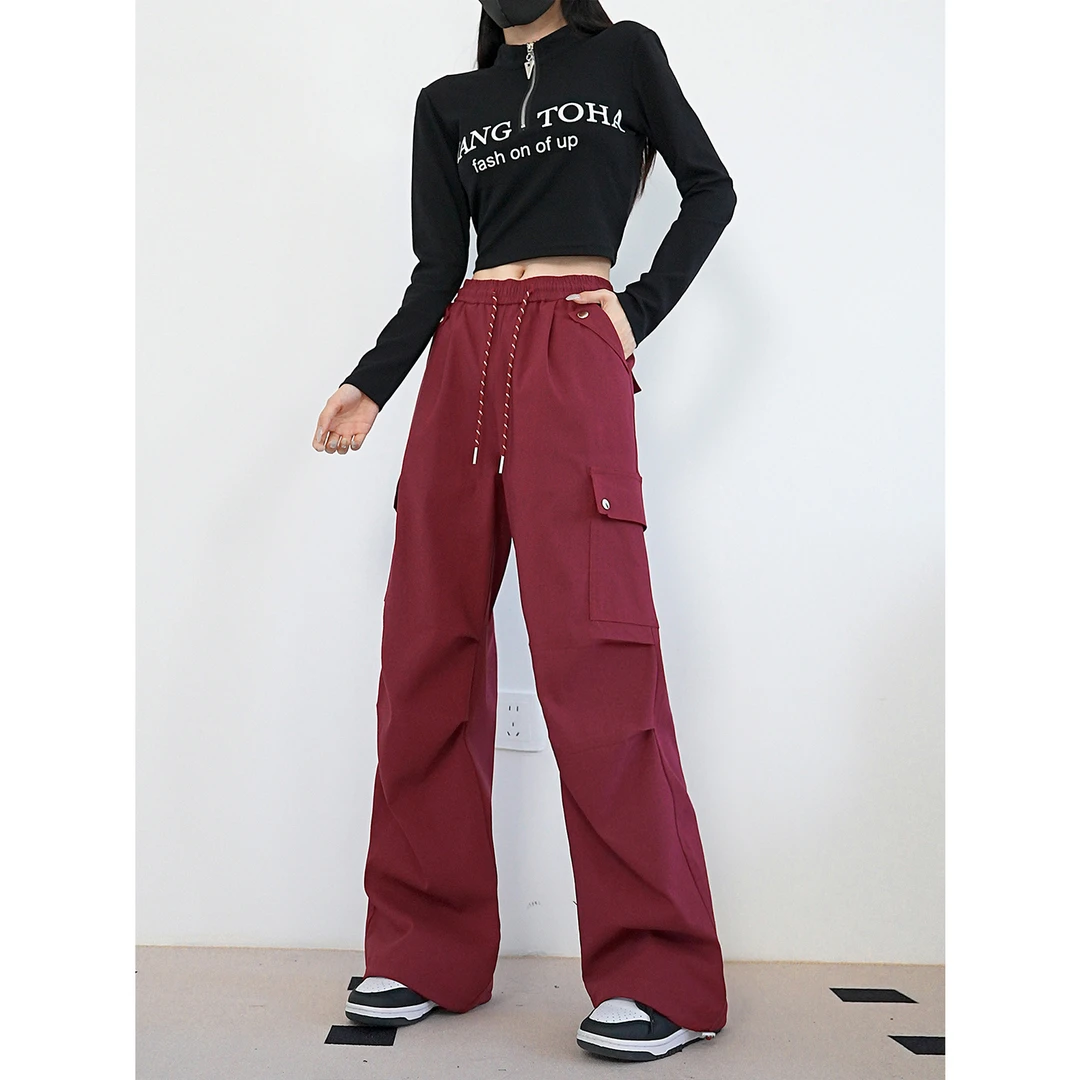 美式辣妹工装裤女2025春季新款时尚宽松显瘦气质宽松红色休闲裤