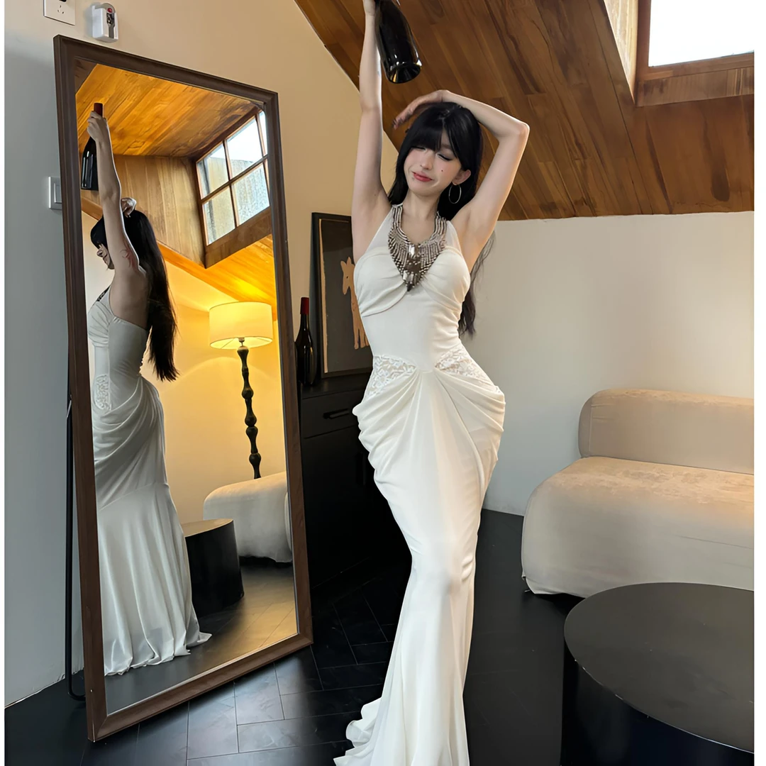 【不要机洗】【小洋家】（古早女神）气质挂脖优雅抽褶长裙SXYJL403361