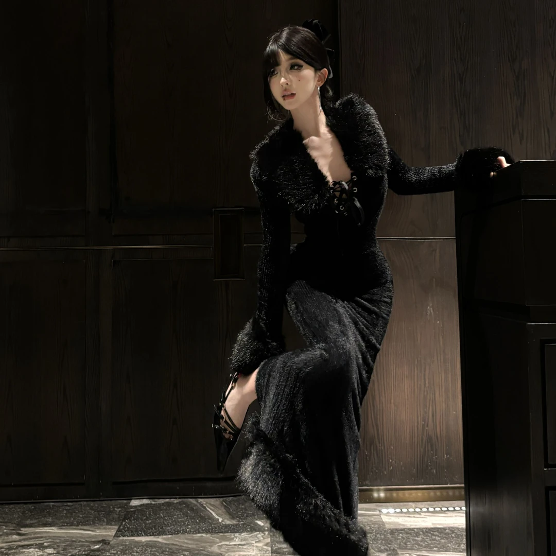 【小洋家原创】（雪魅）贵气纯欲毛领秋冬修身显瘦连衣裙-SXYJL407229