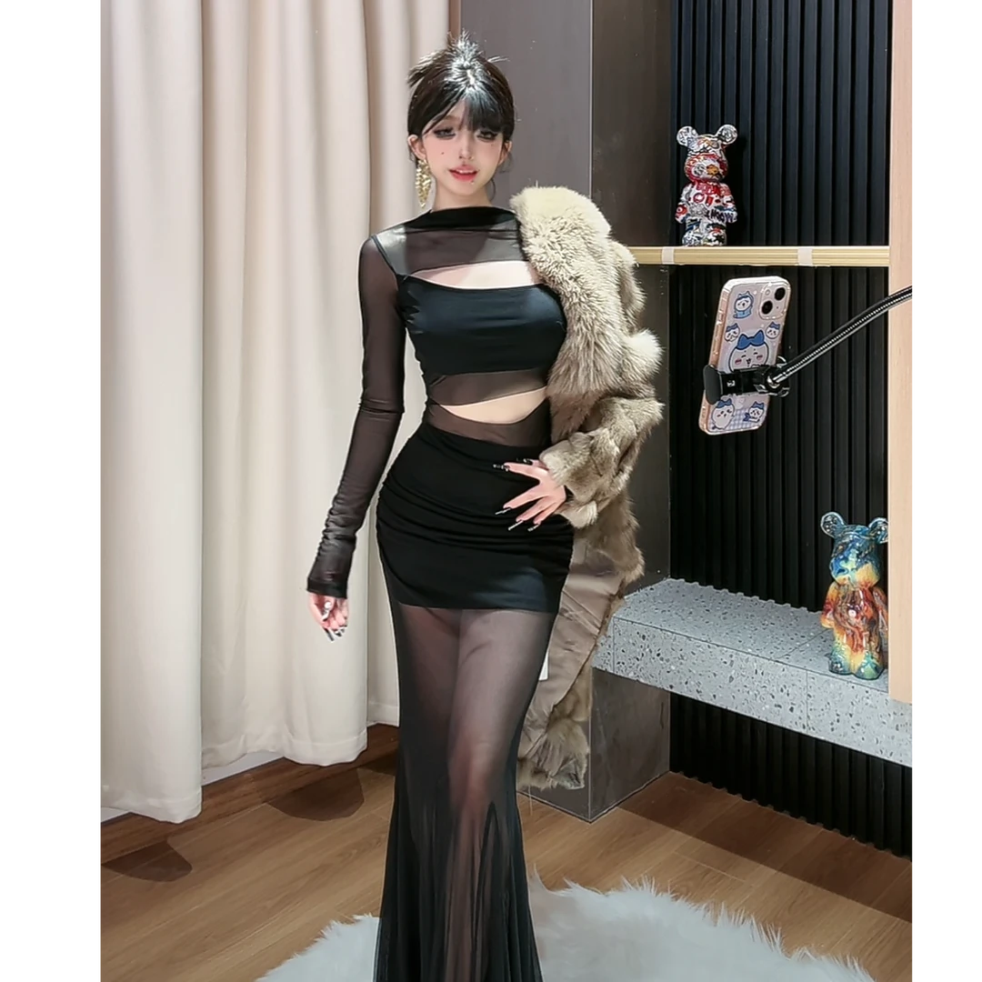 【小洋家】性感辣妹显身材网纱拼接包臀性感半身裙-SXYYN404734