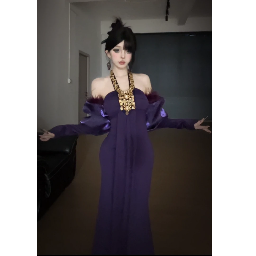 【小洋家】不可机洗（紫罗兰）古早钉珠异域风情挂脖长裙SXYYN405818