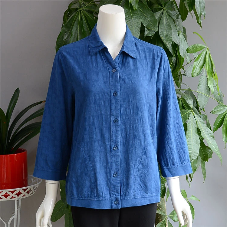 F61妈妈春夏装全棉七分衬衣洋气中老年纯棉女装纯色衬衫奶奶上衣