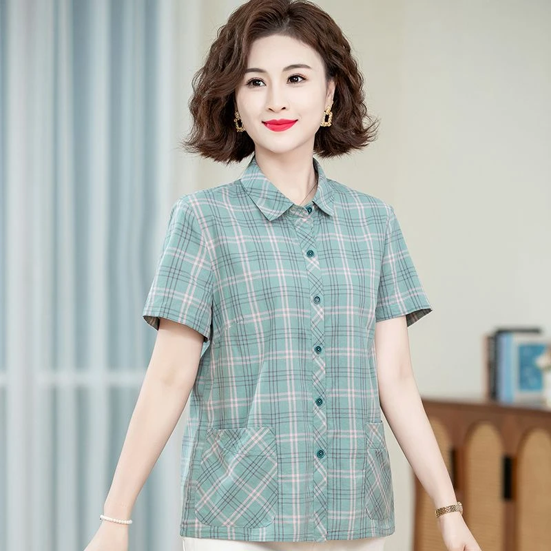 2433妈妈衬衫格纯棉短袖奶奶春夏上衣老人中老年女装装全棉开衫