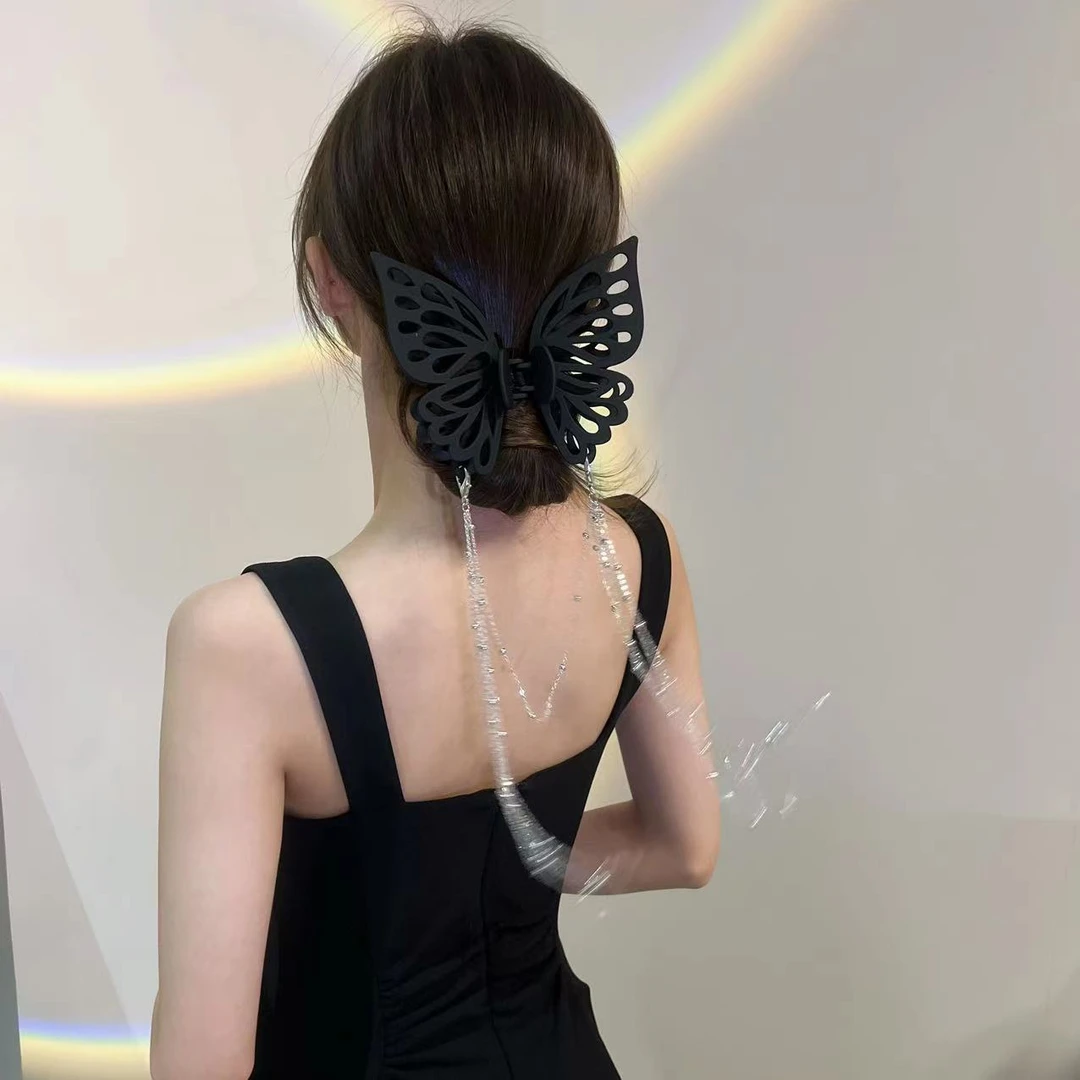 合金亚克力发饰 时尚设计蝴蝶镂空流苏抓夹超大半扎鲨鱼夹发夹