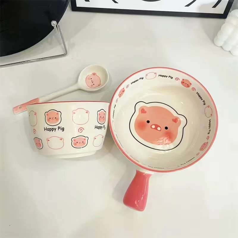 【happy小猪三件套新款】陶瓷釉下彩一人食可爱少女心陶瓷碗盘餐具