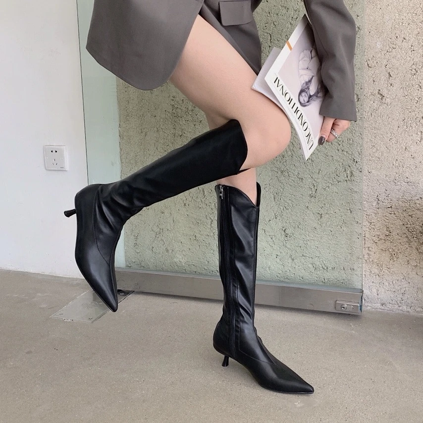 2024秋冬新款百搭显瘦高筒鞋子尖头高跟不过膝长靴气质细跟瘦瘦靴