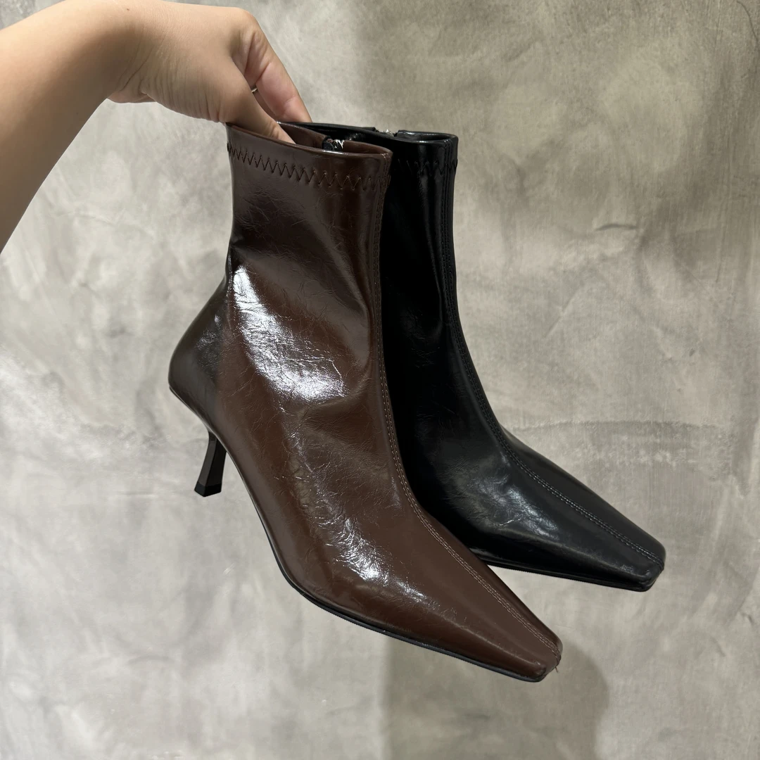 法式小方头瘦瘦靴女2024年秋冬季新款气质细高跟侧拉链软皮短靴子