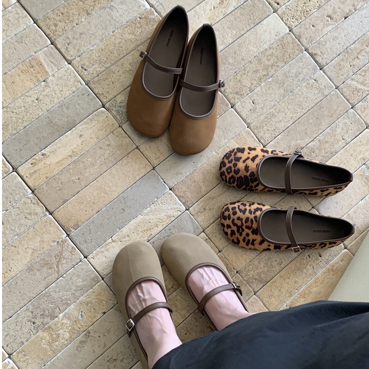 1059-2平底豹纹玛丽珍单鞋2024新款森系软底圆头浅口温柔芭蕾鞋