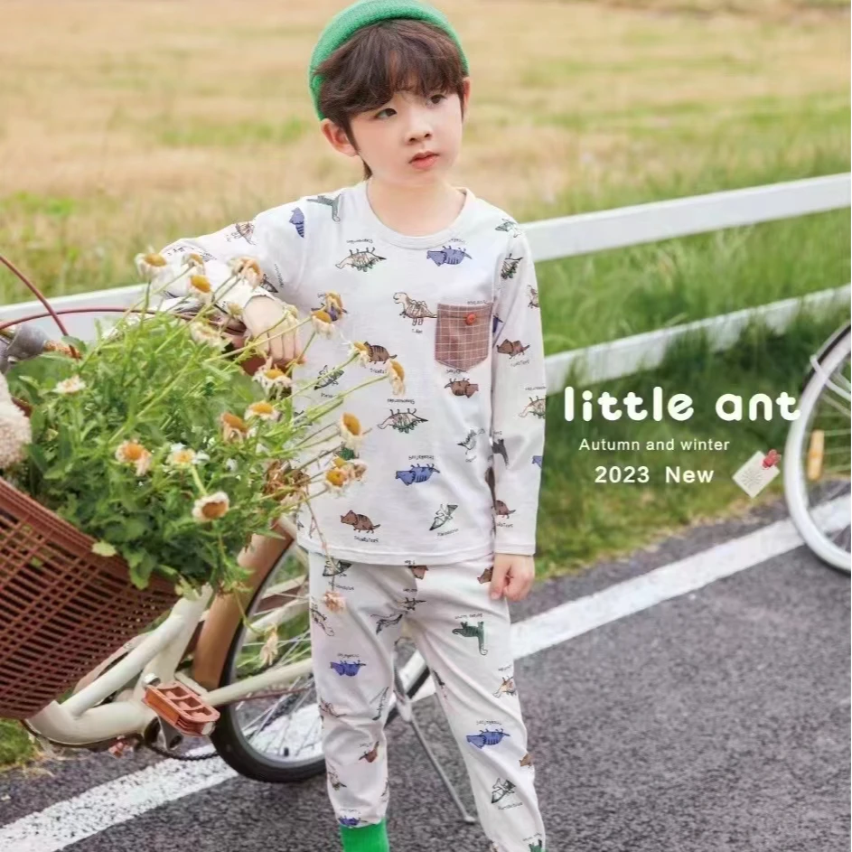 益友小蚂蚁儿童春秋长袖印花满印莫卡棉套装春秋