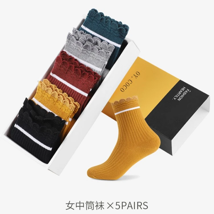 【新品上市】精梳棉女士时尚花边双针织中筒袜13144