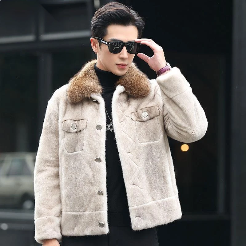 TOUCH  MISS新款轻奢貂皮大衣男整貂短款渔貂翻领水貂皮草外套