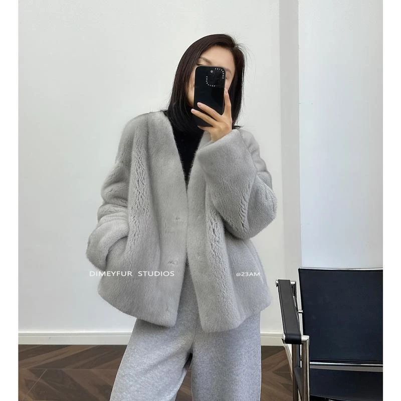 TOUCH  MISS2024紫金短二天鹅绒水貂整貂皮草外套V领百搭貂皮