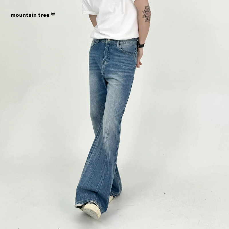 mountain tree冰蓝水洗水波纹微喇叭牛仔clenafit猫须复古长裤