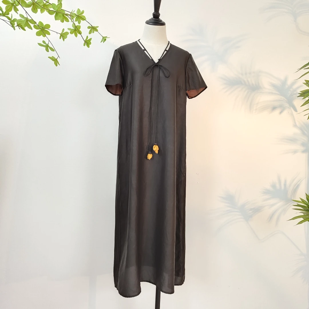 香云纱花苞Ⅴ领时尚简约连衣裙