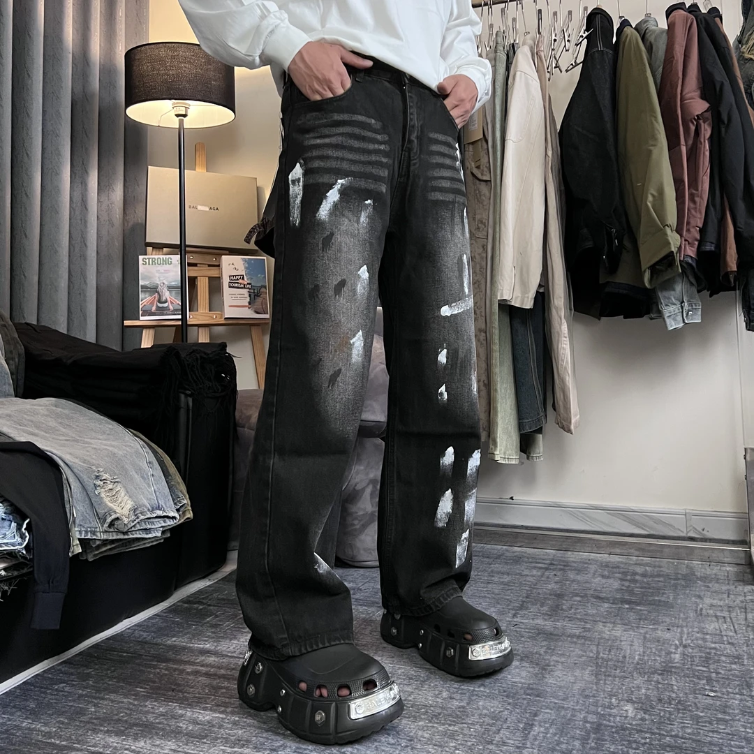 90016巴黎涂鸦黑牛仔裤美式男休闲百搭黑色复古水洗秋冬秋季潮流