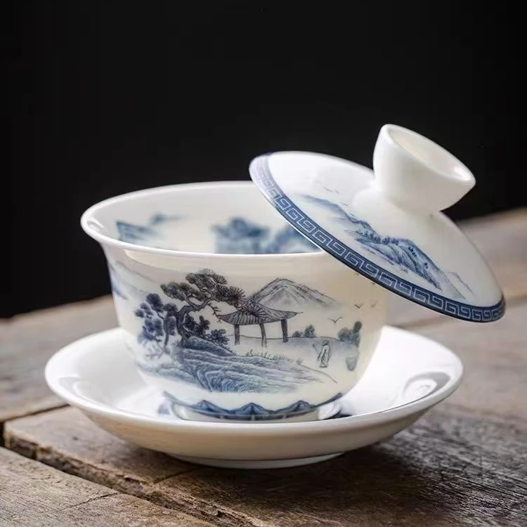 满绘山水盖碗羊脂玉瓷大容量三才盖碗可悬停旋转盖碗0288