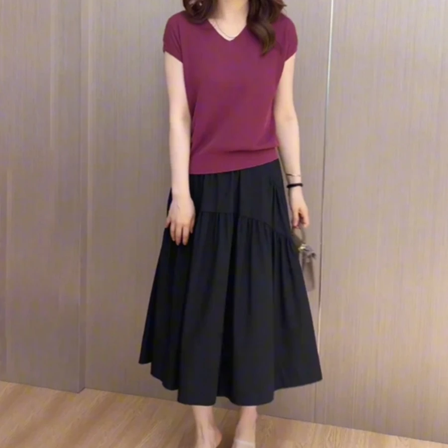 夏装搭配一整套时尚简约冰丝V领短袖薄款T恤女高腰设计显瘦半身裙