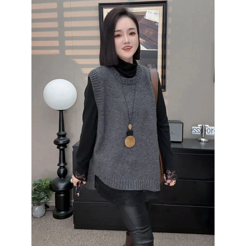时尚减龄不规则灰色针织马甲套装女秋冬叠穿内搭打底衫上衣两件套