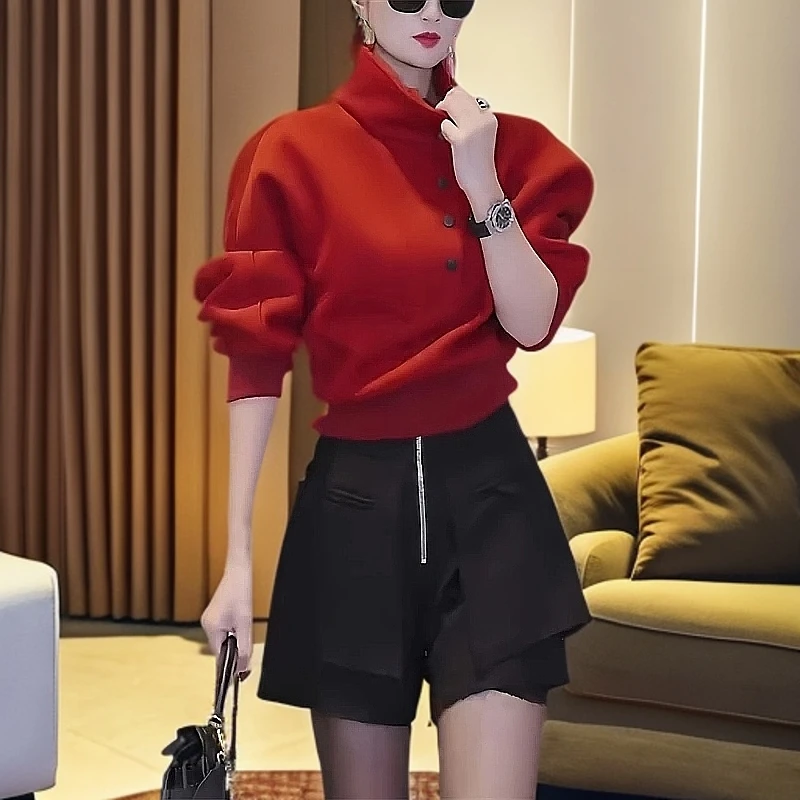 时尚设计感高领长袖卫衣女2025春季新款加绒加厚休闲气质减龄上衣