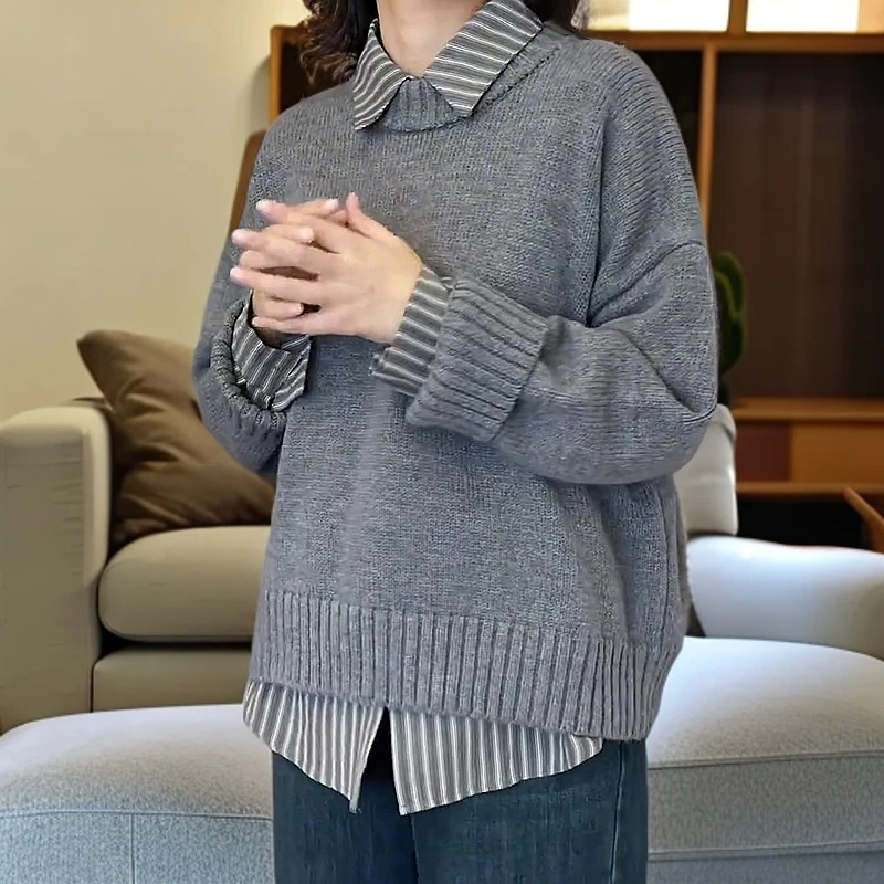 入冬一整套女装慵懒风简约灰色毛衣女搭配翻领条纹设计感减龄衬衫