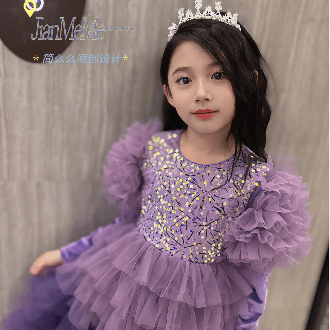 【丁香雨雾】原创女童公主裙紫色亮片网纱蓬蓬裙秋季连衣裙CH2606