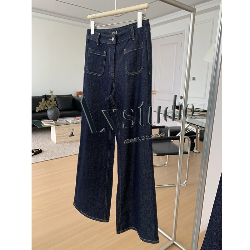 阿昕亮晶晶 口袋牛仔 莱赛尔直筒不挑身材阔腿原色牛仔裤AX231611