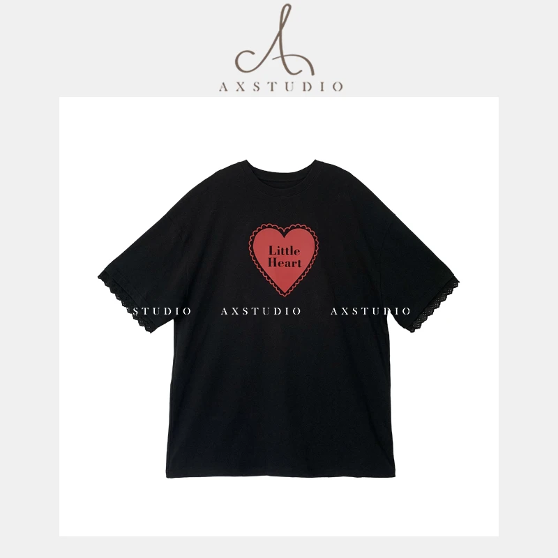 阿昕亮晶晶 爱心T 100棉红色爱心字母黑色百搭短袖T恤AX240320