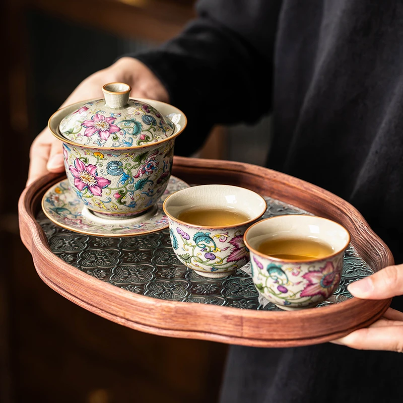 汝窑防烫三才盖碗茶杯单个高档套装茶具家用茶碗带盖泡茶功夫茶碗