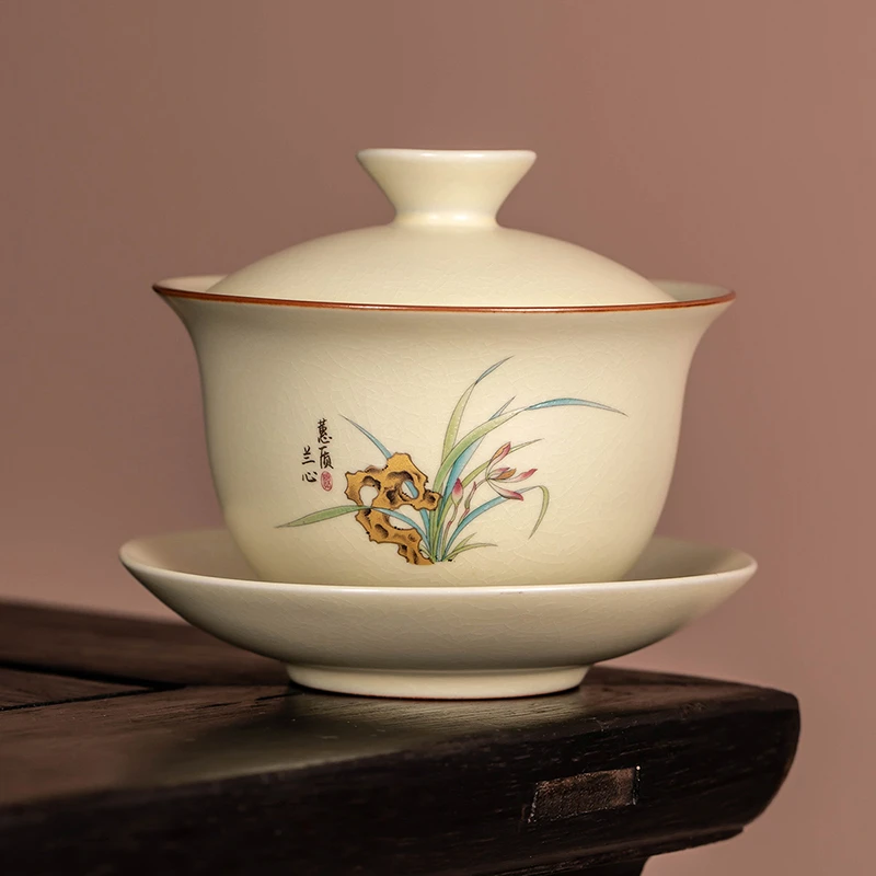 陶瓷汝窑盖碗茶杯家用大容量喝茶碗防烫手抓壶客厅会客泡茶碗茶具
